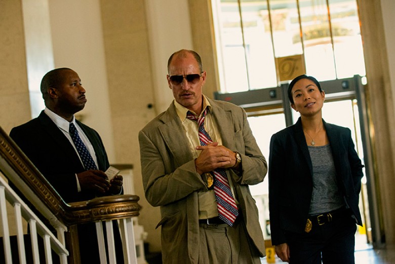 (Left to right) Terence Rosewood, Woody Harrelson and Michelle Ang in TRIPLE 9. Photo credit: Bob Mahoney / Distributor: Open Road Films