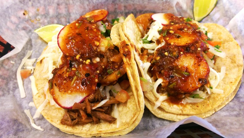 Two Ribeye Tacos with Queso and All The Fixin's.