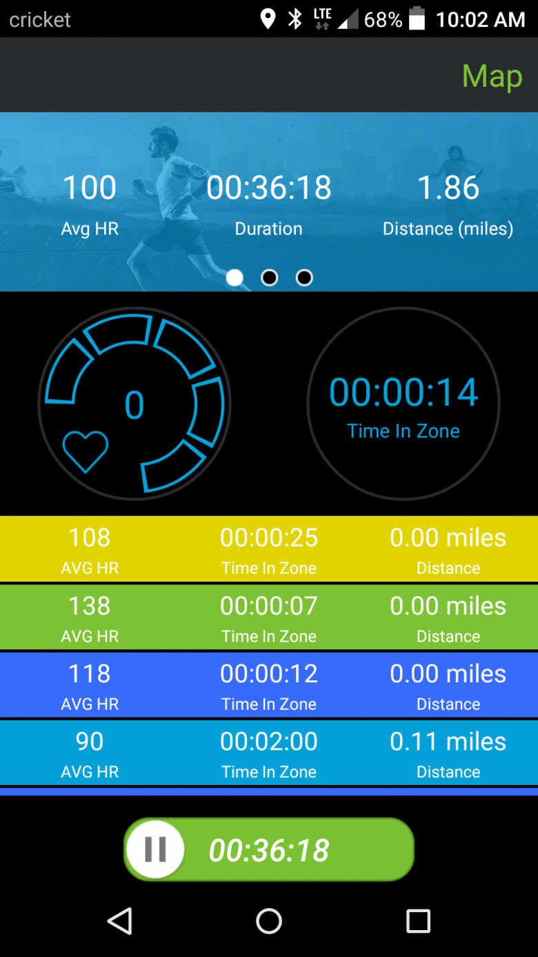 Screenshot of average HR, time, and distance from the Mio Go app