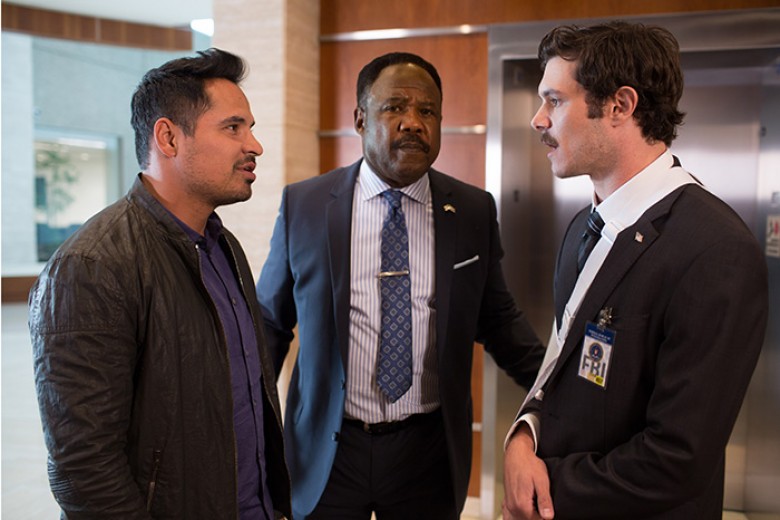 © 2017 WARNER BROS. ENTERTAINMENT INC. AND RATPAC-DUNE ENTERTAINMENT LLC. ALL RIGHTS RESERVED Photo Credit: Peter Iovino Caption: (L-R) MICHAEL PEÑA as Ponch, ISIAH WHITLOCK JR. as Peterson and ADAM BRODY as Clay Allen in Warner Bros. Pictures’ action com