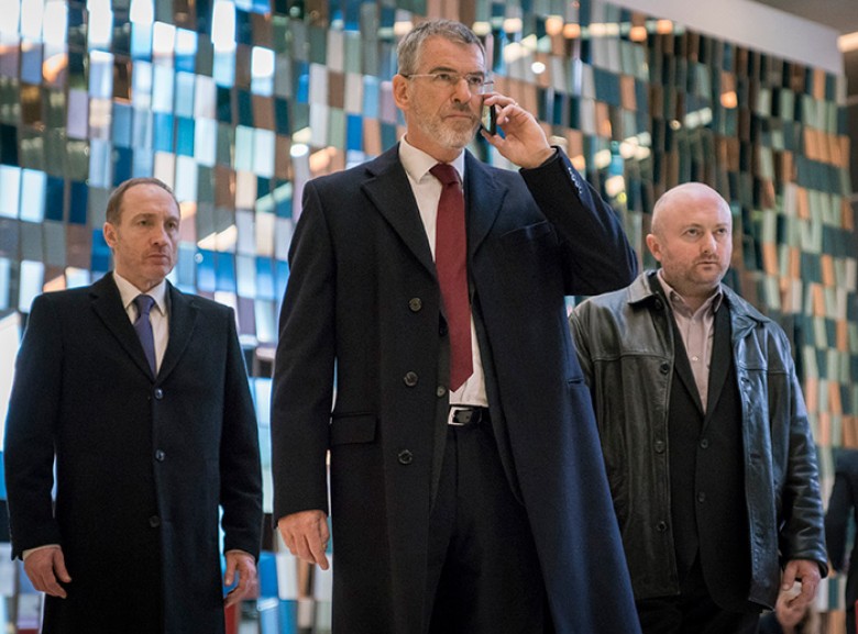 (Left to Right) Michael McElhatton as Jim Kavanagh, Pierce Brosnan as Hennessy, David Pearse as Billy McMahon in THE FOREIGNER. Motion Picture Artwork © 2017 STX Financing, LLC. All Rights Reserved