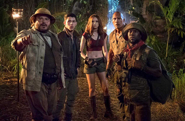 Jack Black, Nick Jonas, Karen Gillan, Dwayne Johnson and Kevin Hart star in JUMANJI: WELCOME TO THE JUNGLE. PHOTO BY: Frank Masi SMPSP ©2017 CTMG. All Rights Reserved. **ALL IMAGES ARE PROPERTY OF SONY PICTURES ENTERTAINMENT INC. FOR PROMOTIONAL USE ONLY.