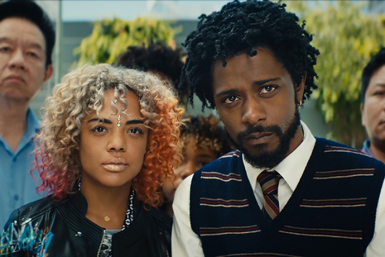 (l to r.) Tessa Thompson as Detroit and Lakeith Stanfield as Cassius Green star in director Boots Riley’s SORRY TO BOTHER YOU, an Annapurna Pictures release.