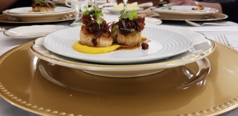 Course I (Appetizer): Chef Darian Bryan's Pan Seared Scallops with Bourbon Bacon Jam and Butternut Squash Purée