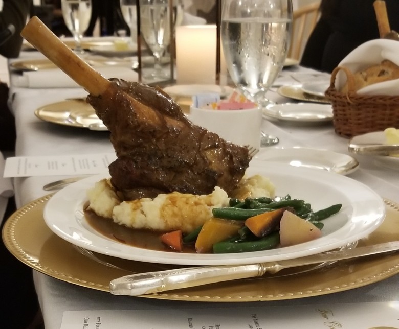 Course III (Entrée): Chef Darian Bryan's Braised Lamb Shank with Parsnip Potato Purée and Seasonal Veggies