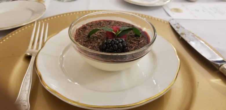 Course IV (Dessert): Chef Darian Bryan's Panna Cotta with Pomegranate Glaze and Chocolate Curls