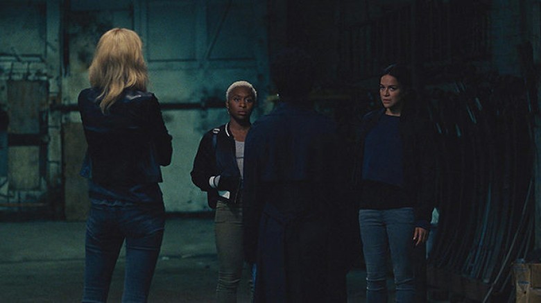 L-R: Elizabeth Debicki (back to camera), Cynthia Erivo, Viola Davis (back to camera), and Michelle Rodriguez star in Twentieth Century Fox’s WIDOWS.
