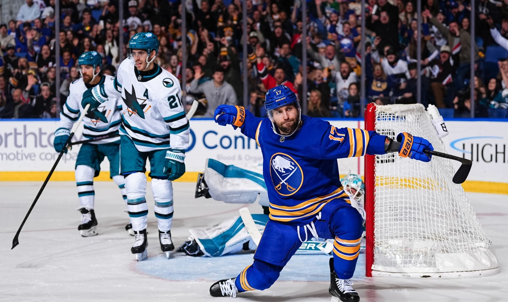 Buffalo Sabres Forward Jason Zucker #17 celebrates in game vs Sharks on March 10, 2026