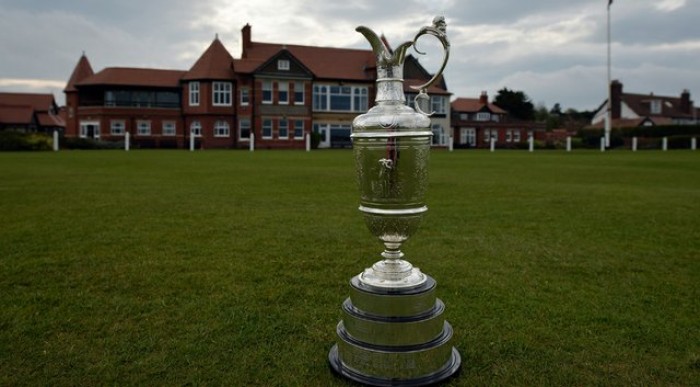 The Claret Jug with Royal Liverpool Clubhouse in background