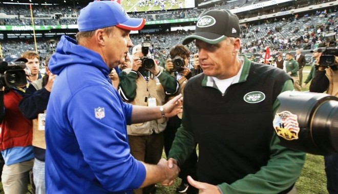 Former Bills coach Doug Marrone with new Bills coach Rex Ryan