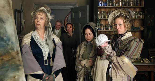 Left to right: Ruth Sheen as Sarah Danby, Paul Jesson as William Turner, Dorothy Atkinson as Hannah Danby, Amy Dawson as Georgiana and Sandy Foster as Evelina |
Photos by Simon Mein, Courtesy of Sony Pictures Classics