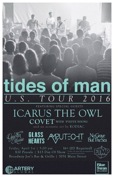 Tides of Man, Icarus The Owl, Covet & Yvette Young at Broadway Joe's — Apr 1, 2016