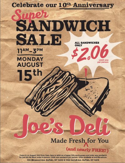 Joe's Deli 10th Anniversary Super Sandwich Sale