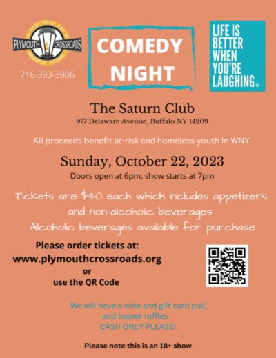 Comedy Night to Benefit Plymouth Crossroads at The Saturn Club — Oct 22, 2023