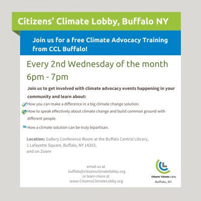 Citizens’ Climate Lobby Buffalo is hosting a public meeting at the Buffalo Central Library.