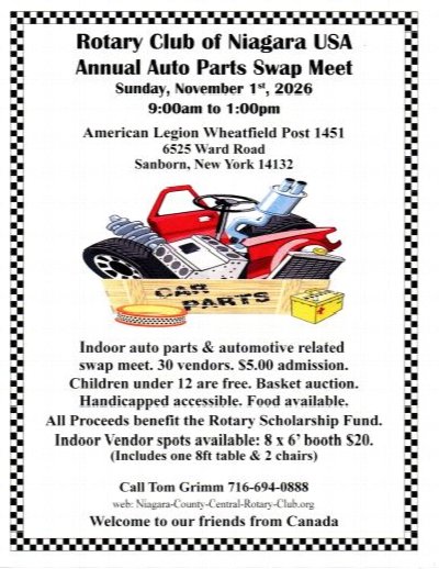 Rotary Club of Niagara County Central/Niagara Falls USA  Annual Auto Parts Swap Meet at American Legion Wheatfield Post 1451 — Nov 1, 2026