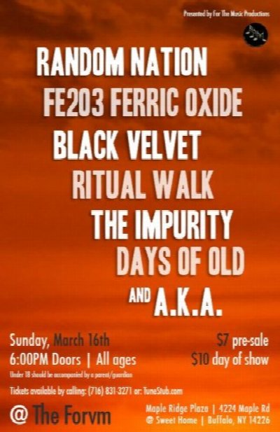 Random Nation, Fe2o3 Ferric Oxide, Black Velvet, Ritual Walk, The Impurity, Days Of Old, & A.K.A.! at 4224 Maple Rd, Buffalo, NY 14226 — Mar 16, 2014
