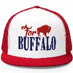 For Buffalo red & white snapback trucker hat made by Inkredibly Punny, a Buffalo, NY clothing brand.